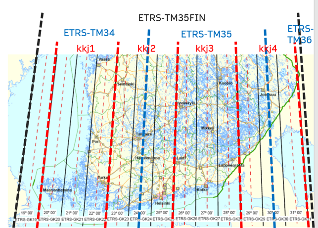 EUREF-FIN-koordinaattijärjestelmiä ja KKJ-kaistat