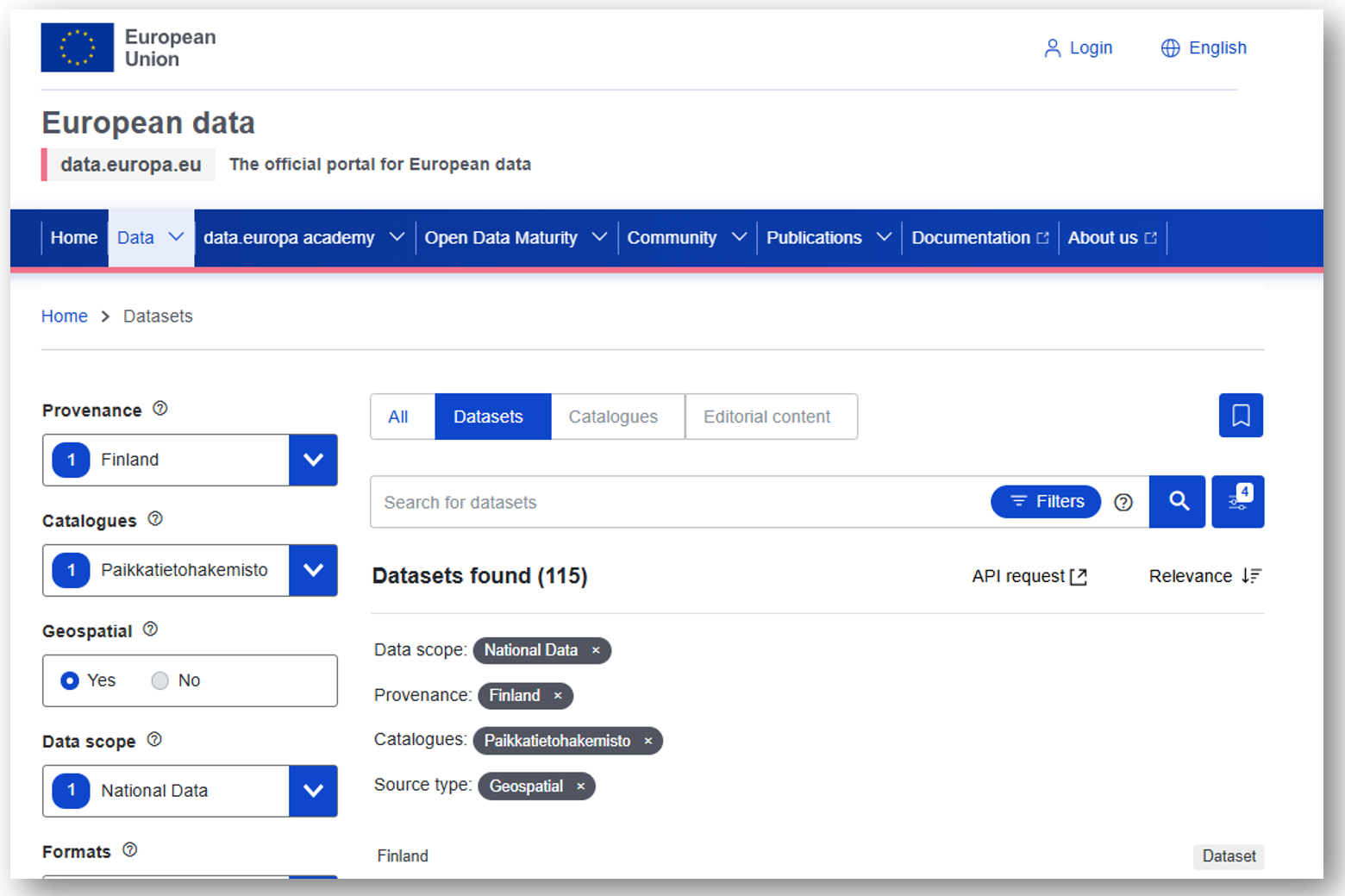 Kuvakaappaus eurooppalaisesta dataportaalista