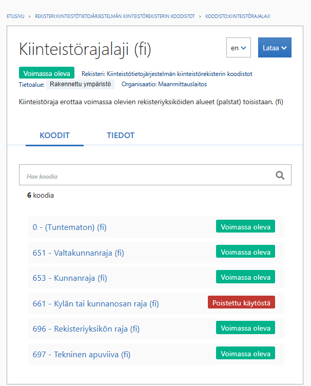 Esimerkki Suomi.fi Koodistot -työkalun Kiinteistörajalaji koodistosta.