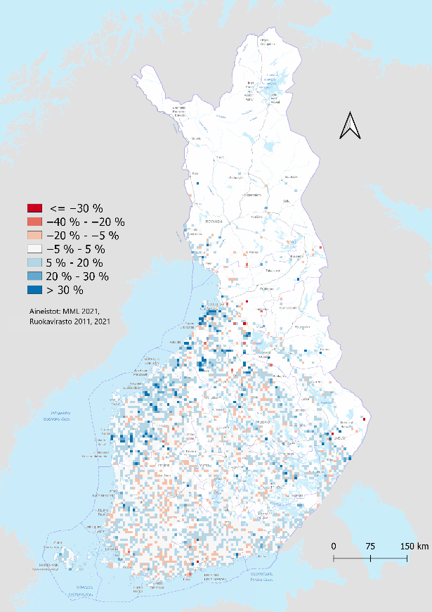 Viljellyn lohkokoon muutos vuosien 2010 ja 2020 välillä 5 km:n ruuduissa. Vaikka kasvua on koko maan tasolla tapahtunut, on se lähemmin tarkasteltuna ollut melko keskittynyttä.