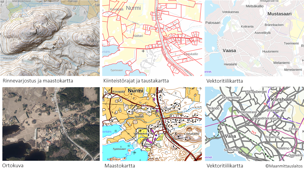 Kuvassa on esimerkkejä Maanmittauslaitoksen karttatuotteista.