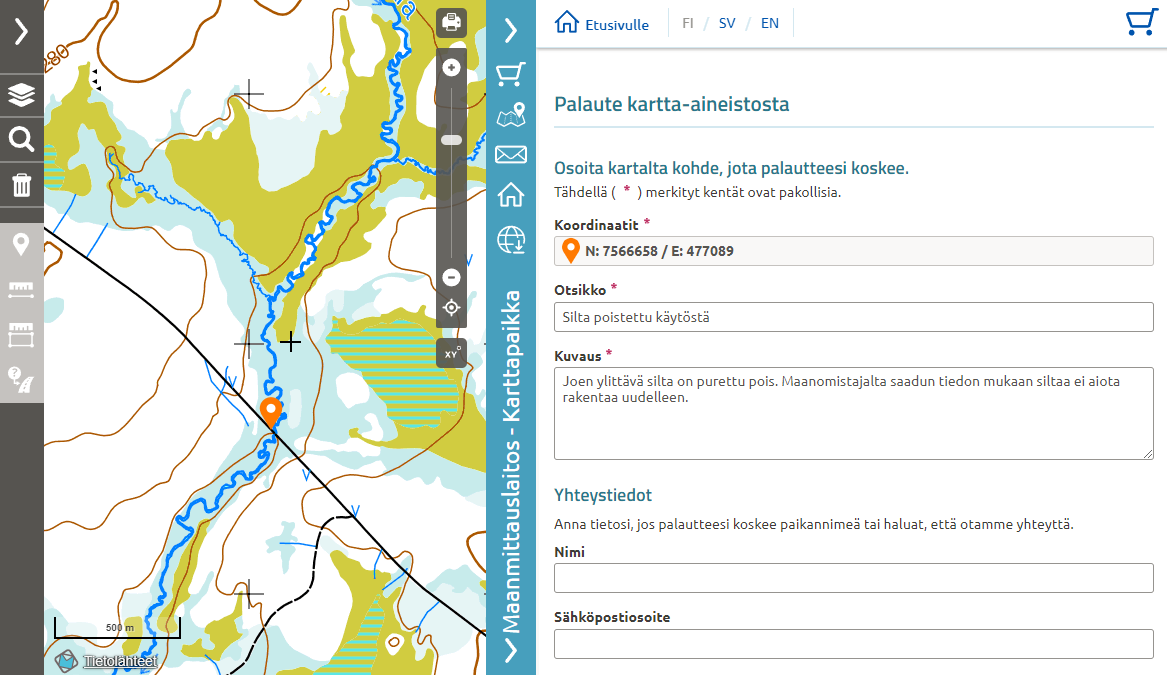 Kuvakaappaus Karttapalvelun palautetyökalusta