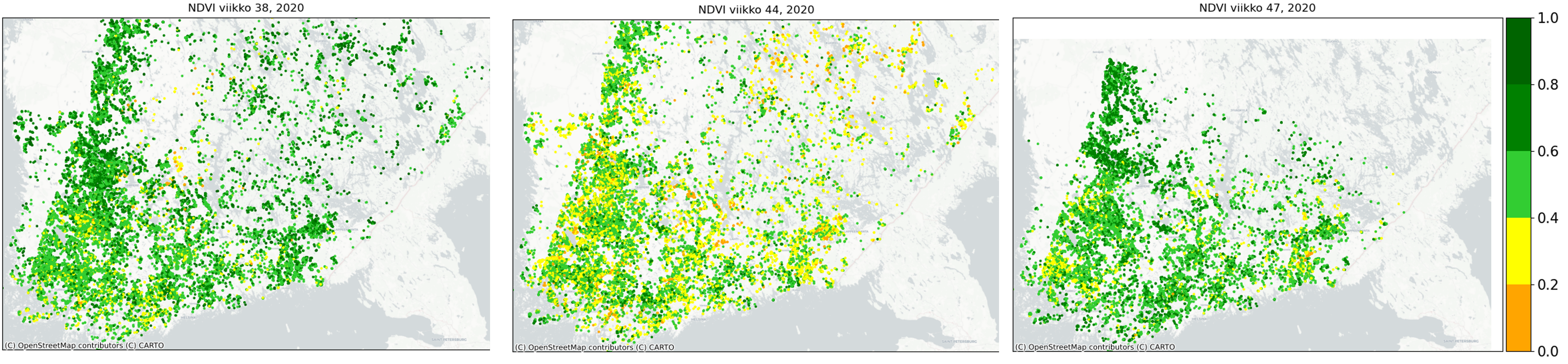 Kuvassa Lounais-Suomen peltojen NDVI-kasvillisuusindeksiarvot laskevat ensin noin viikon 40 aikana, mutta vahvistuvat uudelleen viikoilla 44-45.