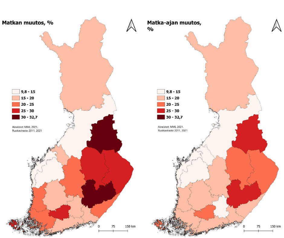 Viljelysmatkan pituuden ja matkoihin kuluvan ajan muutos, 2010–2020 prosentteina. 