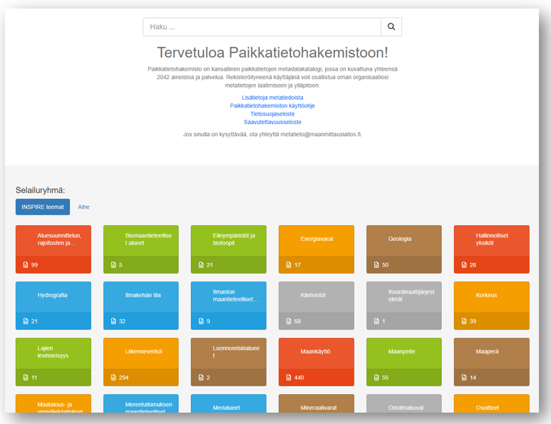 Kuvakaappaus Paikkatietohakemiston etusivusta