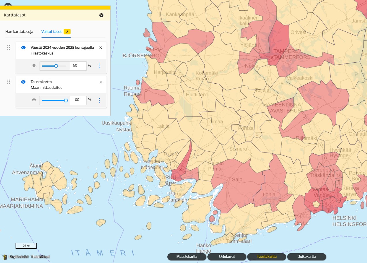 Paikkatietoikkunassa Tilastokeskuksen karttataso Väestö 2024 vuoden 2025 kuntajaolla