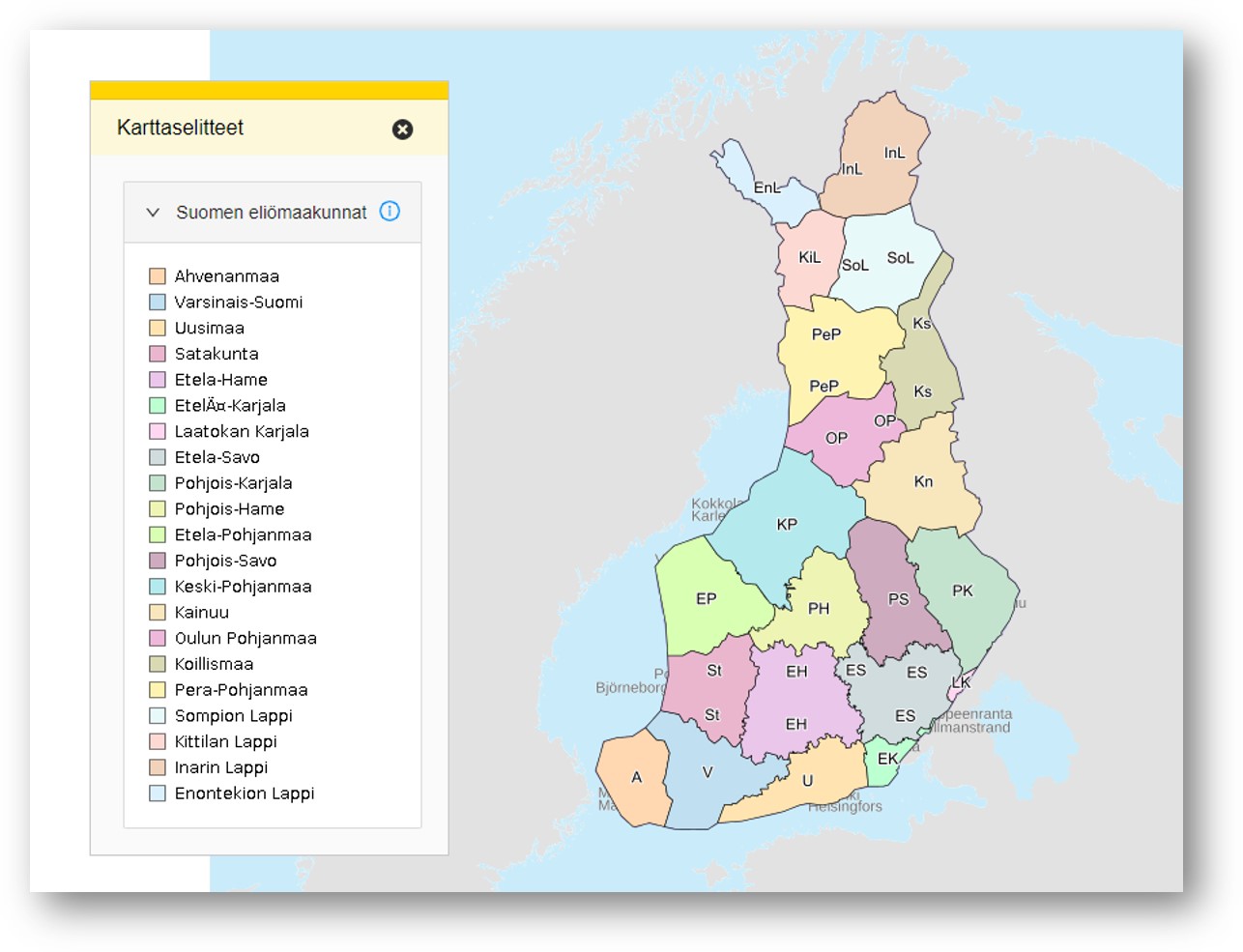 Suomen eliömaakunnat Paikkatietoikkunassa.