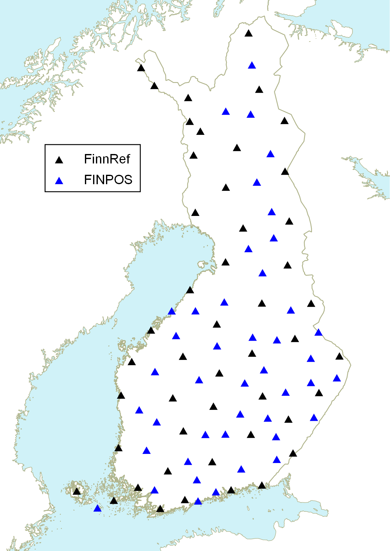 FinnRef- ja FINPOS-tukiasemat ympäri Suomea