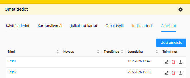 Aineistot-välilehdellä näet Paikkatietoikkunaan tallentamasi aineistot. Aineistot sisältävät joko kartalle merkitsemiäsi kohteita tai kohteita, jotka olet tuonut tiedostona Paikkatietoikkunaan.