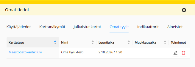 Omat tyylit -välilehdeltä löydät tyylit, jotka olet tallentanut eri karttatasoille.