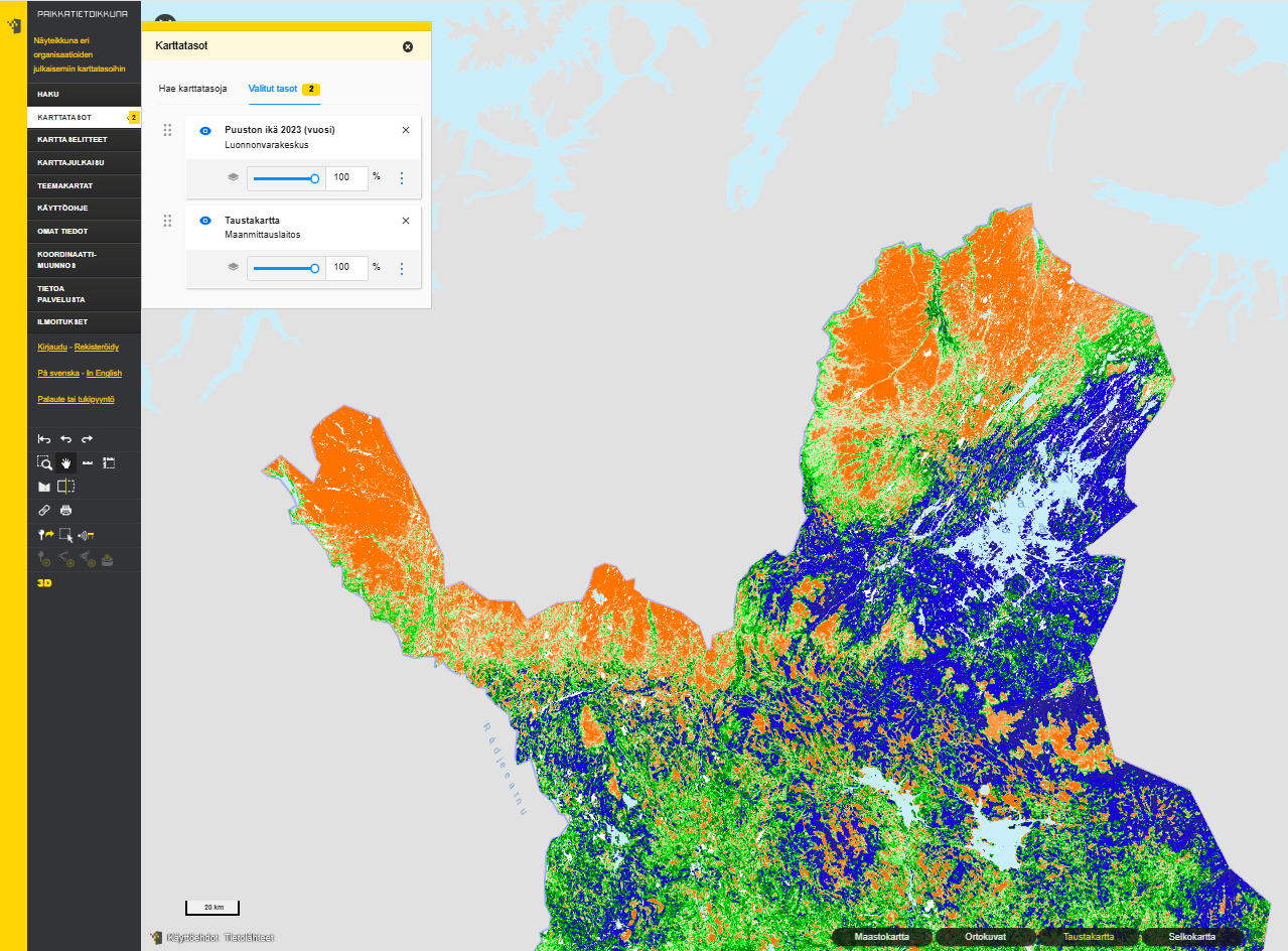 Paikkatietoikkunaan on lisätty Luonnonvarakeskuksen karttatasoja. Kuvassa karttatasona ”Puuston ikä 2023 (vuosi)” ja taustakarttana Maanmittauslaitoksen taustakartta.
