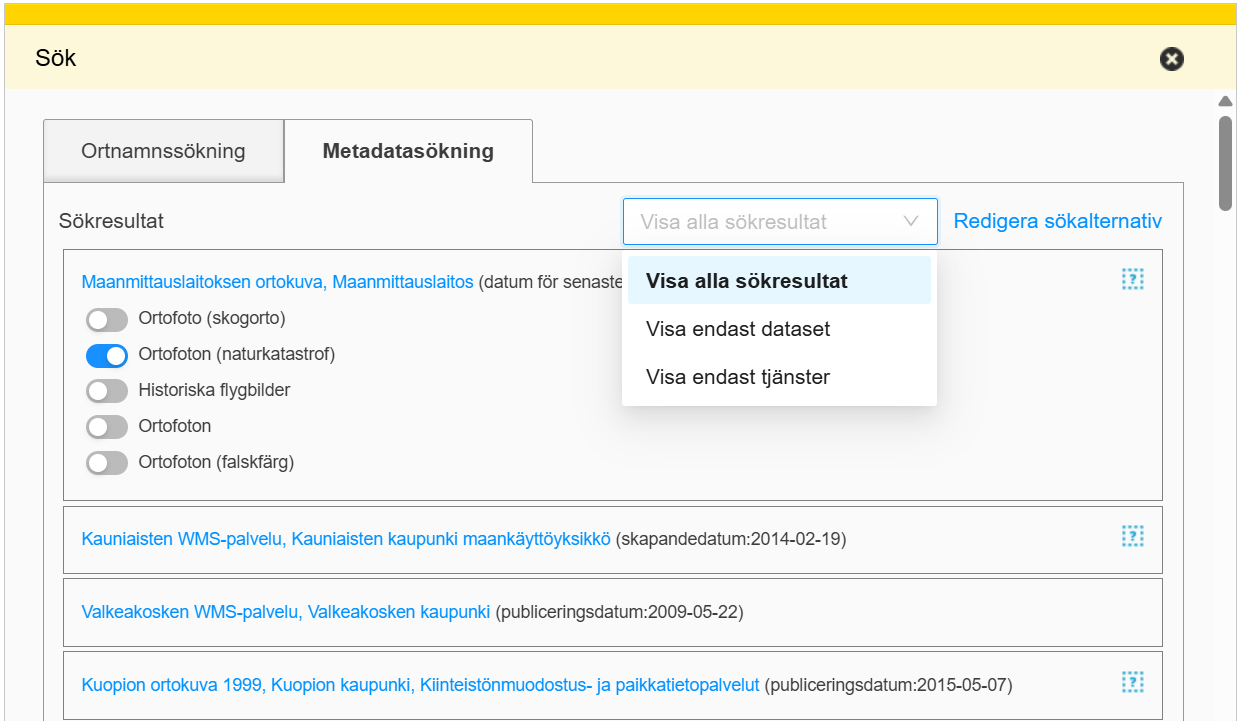 Sökresultat från metadatasökningen