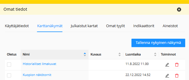 Karttanäkymät-välilehdellä käyttäjä pääsee näkemään tallentamansa karttanäkymät.