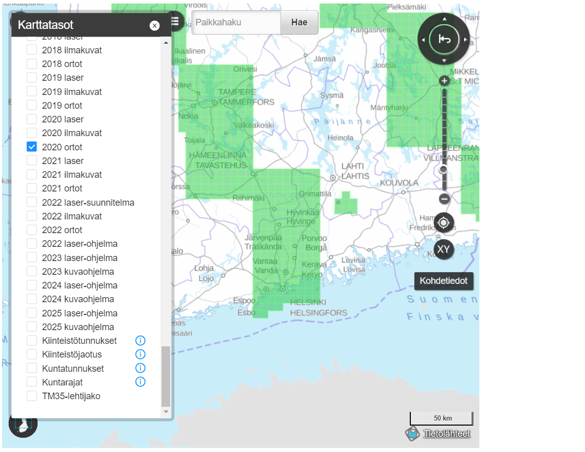 A screenshot of an index map; different years can be selected as map layers in the left-hand side menu, after which areas are updated on the map.