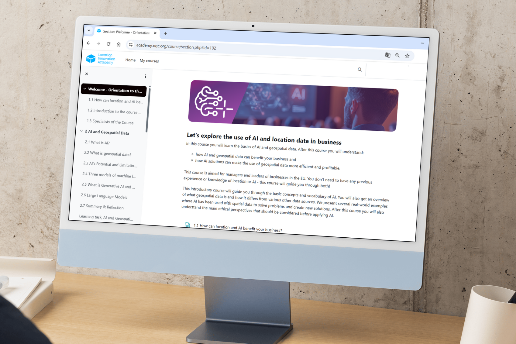 Computer screen displaying the Location and AI course.