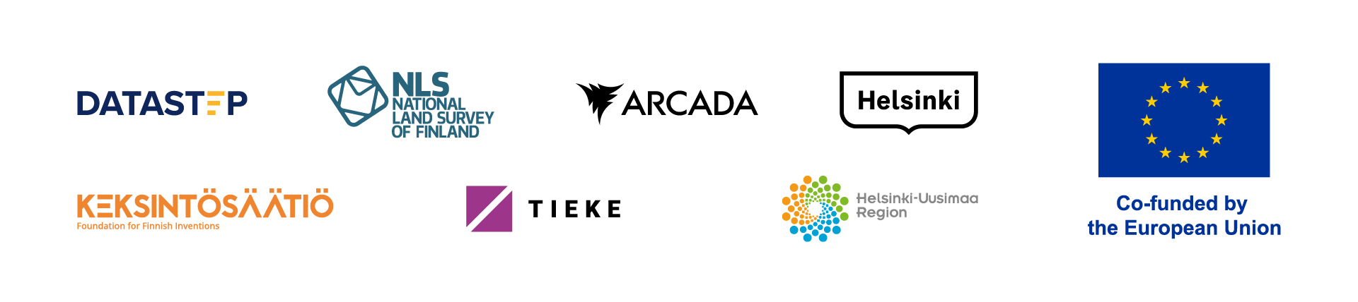 The logos of Datastep, the project partners (National Land Survey of Finland, Arcada, the City of Helsinki, the Finnish Foundation for Inventions and TIEKE), and the funder (the EU).