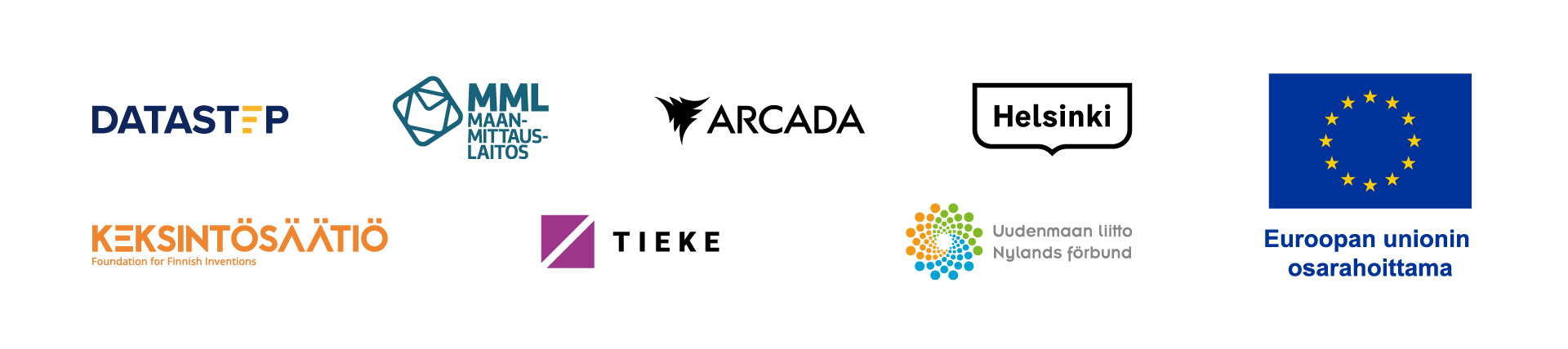 Datastepin, hankkeen partnerien (MML, Arcada, Helsingin kaupunki, Keksintösäätiö, Tieke) sekä rahoittajan (EU) logot.