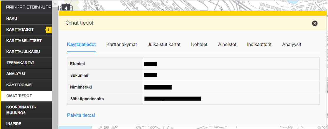 Paikkatietoikkunan Omat tiedot -osio.