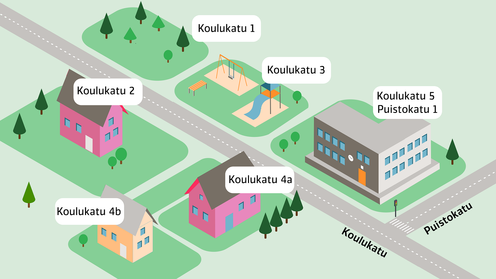 Grafiikka, jossa on kuvattu erilaisia alueita ja rakennuksia ja niille annettuja osoitteita.