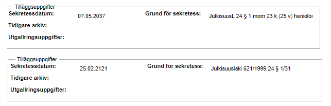 Sekretesstid och orsak till sekretess