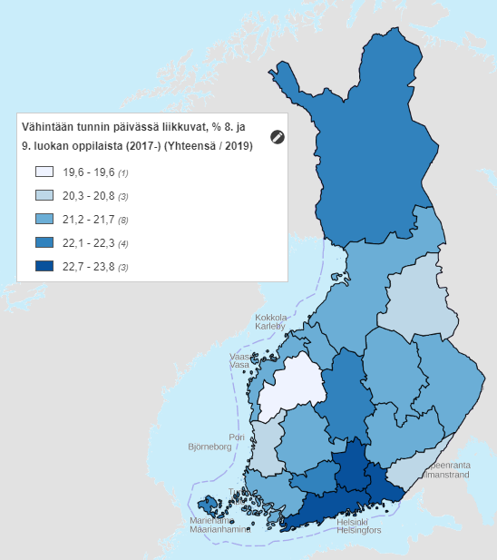 Exempel på en temakarta som baserar sig på Sotkanet-material och som genomförts med hjälp av tjänsten Suomi.fi-kartor: Elever i årskurs 8 och 9 som rör sig minst en timme per dag (%) Institutet för hälsa och välfärd (THL), Sotkanet.