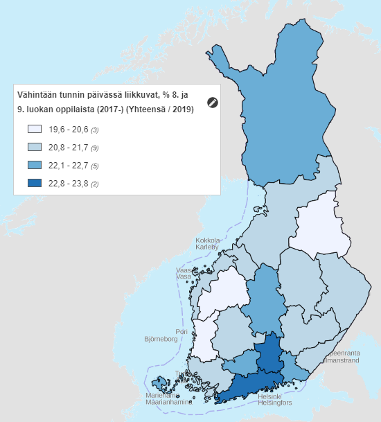 Elever i årskurs 8 och 9 som rör sig minst en timme per dag (%) Institutet för hälsa och välfärd (THL), Sotkanet. Datainnehållet är detsamma som på den övre kartan, men klassificeringen av data är annorlunda.