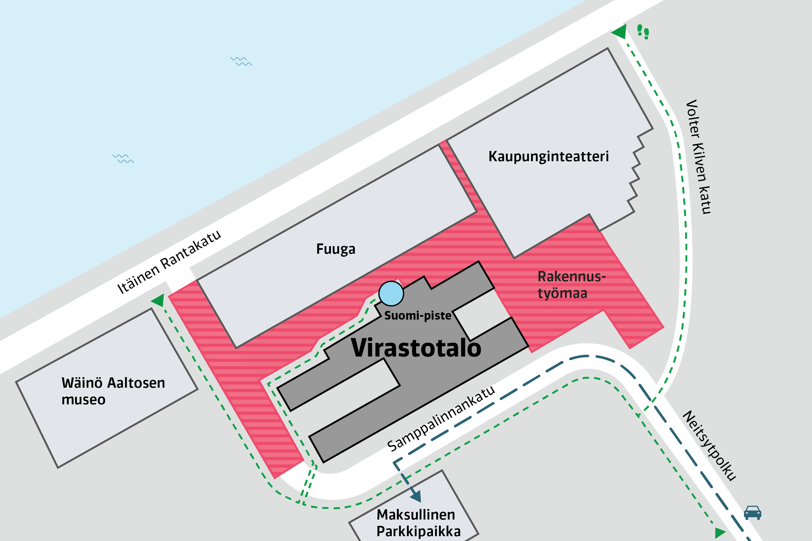 Kartta Turun suomi.fi-palvelupisteen sisäänkäynnistä.