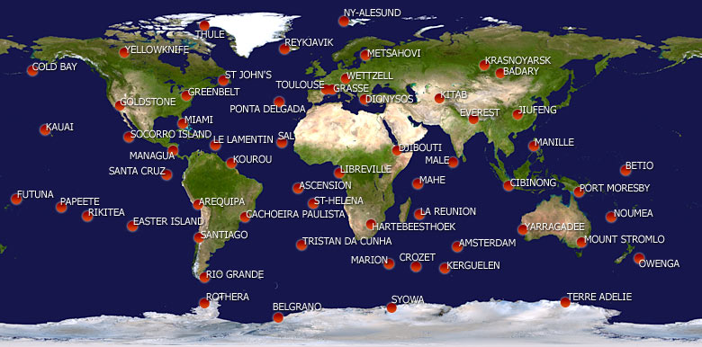 World map with DORIS stations 