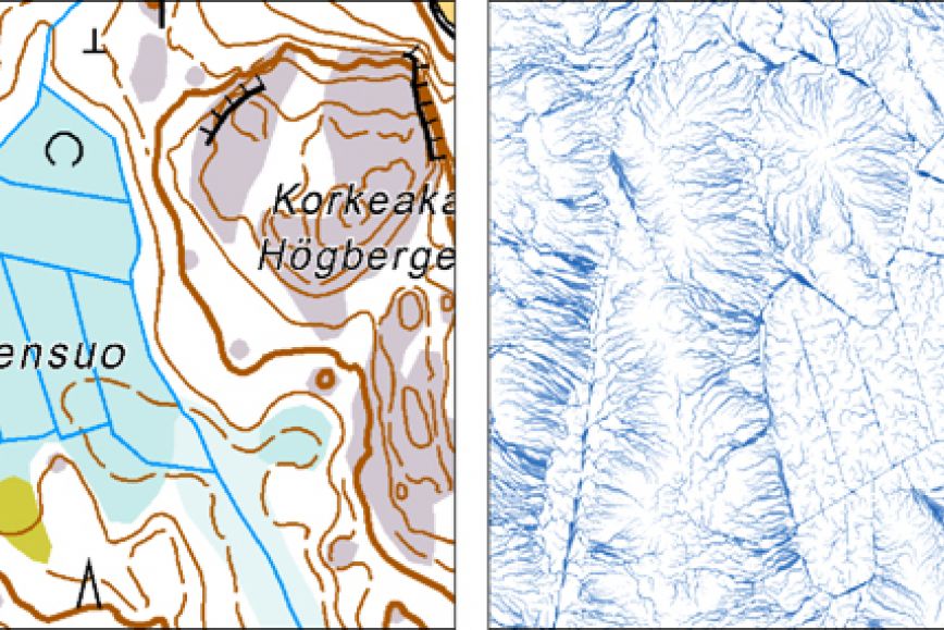 Topgraphic map on the left, height contours on the right.