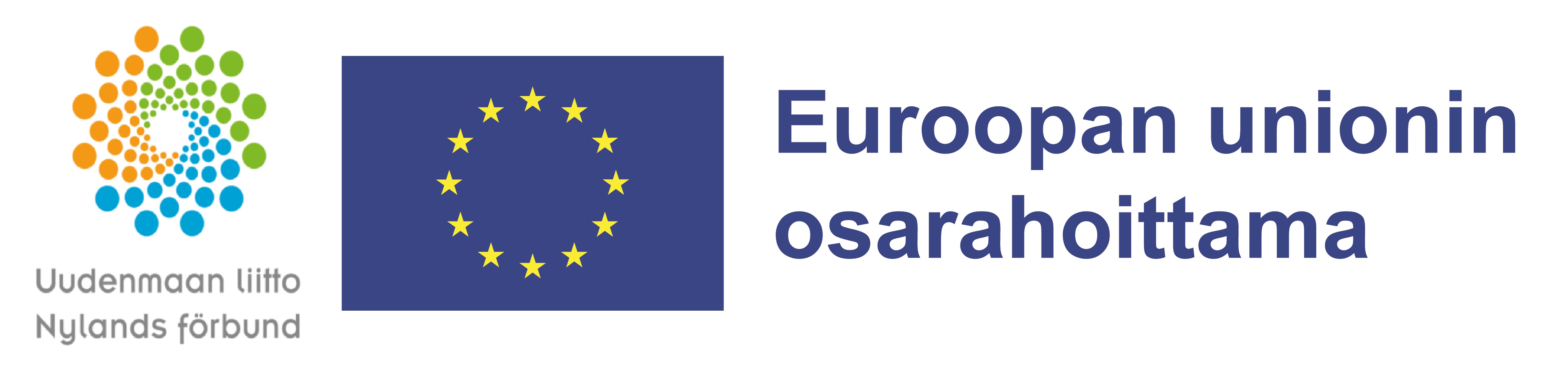 Uudenmaanliiton logo ja teksti "Uudenmaan liitto Nylands förfund" sekä Euroopan unionin logo ja teksti "Euroopan unionin osarahoittama" 