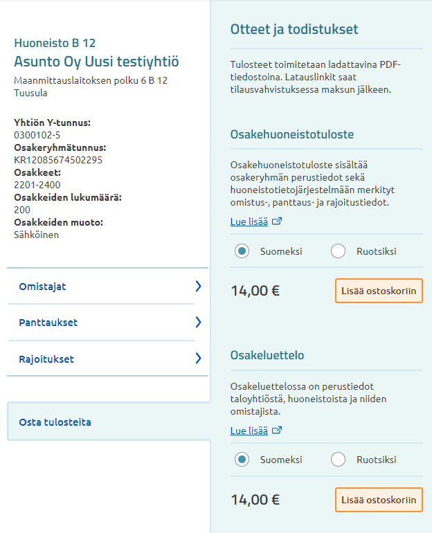 Huoneiston tietoja testiympäristössä. 