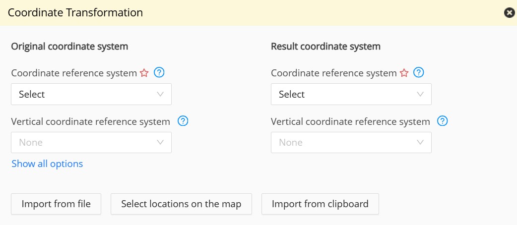 Coordinate transformation starts with the selection of the original and result coordinate systems. You can then refine your selections and import the coordinates as you choose.