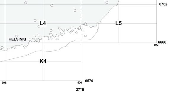 Lehtijako Suomen kartalla. Pääkaupunkiseutu kuvautuu pääosin karttalehdellä L413 HELSINKI. Vaakasuunnassa asemoinnin määrittelee keskimeridiaani 27°E.