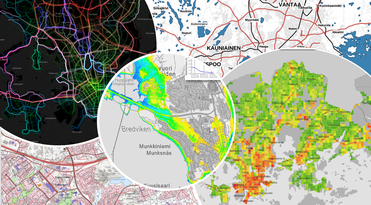 Geoinformatiikan ja kartografian osaston tekemiä karttoja