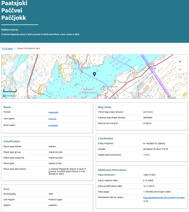 The image shows the information card for a place called Paatsjoki