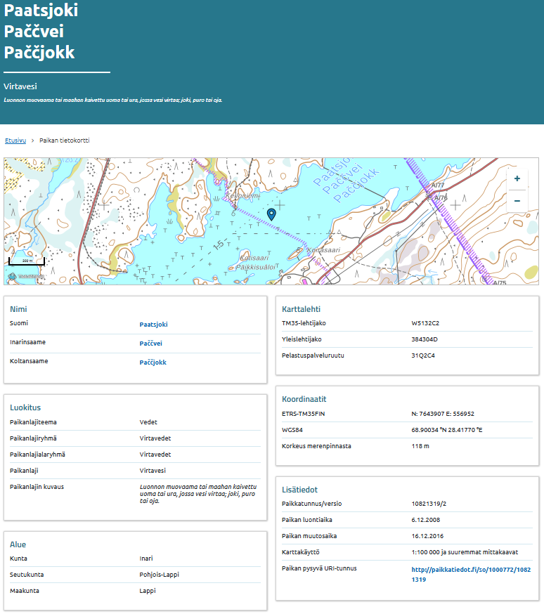Esimerkki Nimistön tietokortista hakutuloksella Paatsjoki