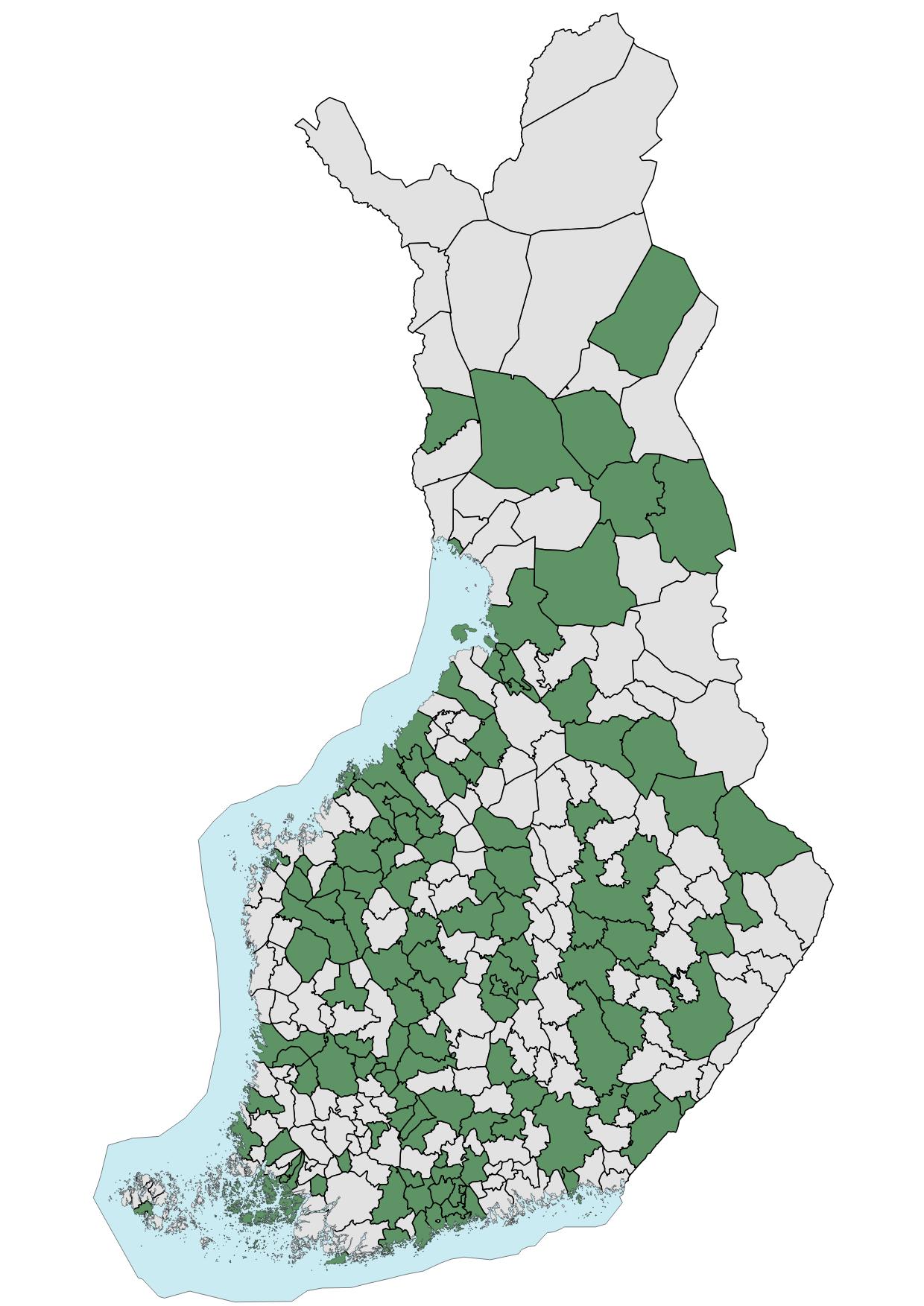 Paikkatietojen kuntafoorumissa edustettuina olevat kunnat merkittynä Suomen kartalle.