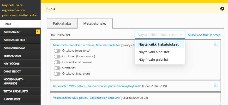 Kuvakaappaus Paikkatietoikkunan metatietohausta