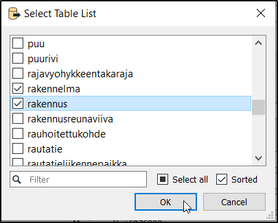  Kuvakaappaus FME Quick Translator -ohjelmasta. Select table list -ikkunasta.