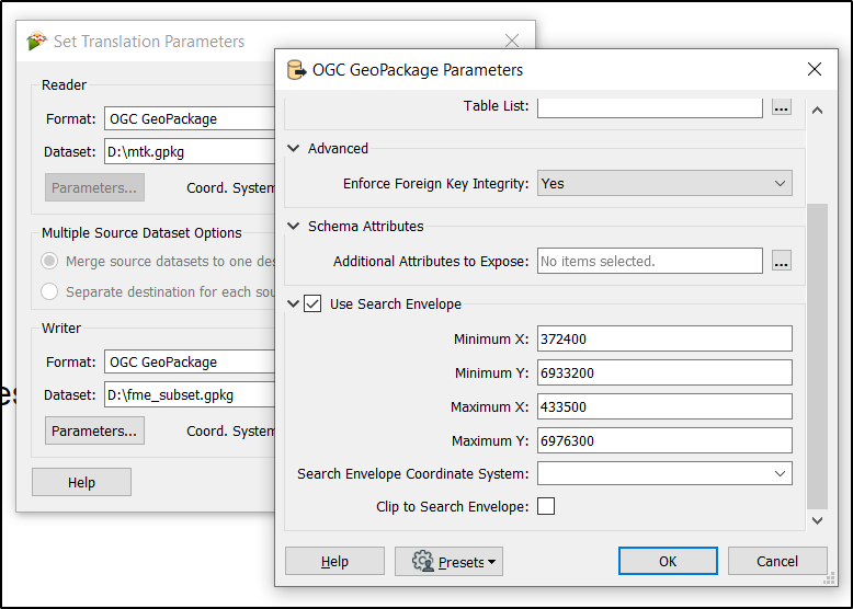 Screen capture from FME Quick Translator software. Territorial divide is defined by X- ja Y-coordinates minimum and maximum value.