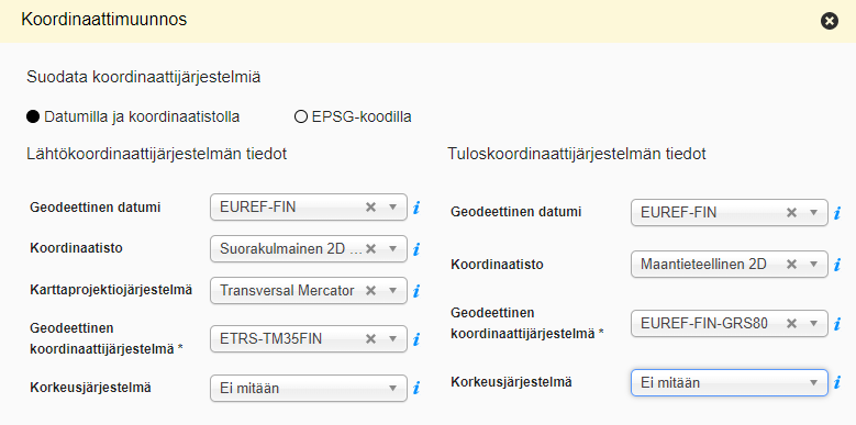 Koordinaattijärjestelmien tietojen valitseminen ETRS-TM35FIN ja EUREF-FIN-GRS80 järjestelmien välisessä muunnoksessa.