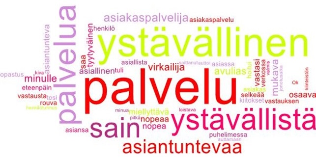 Sanapilvessä näkyy suomenkielisen asiakaspalvelun palautteissa mainittuja sanoja, joista eniten toistuivat ystävällinen, palvelu sekä asiantuntevaa.