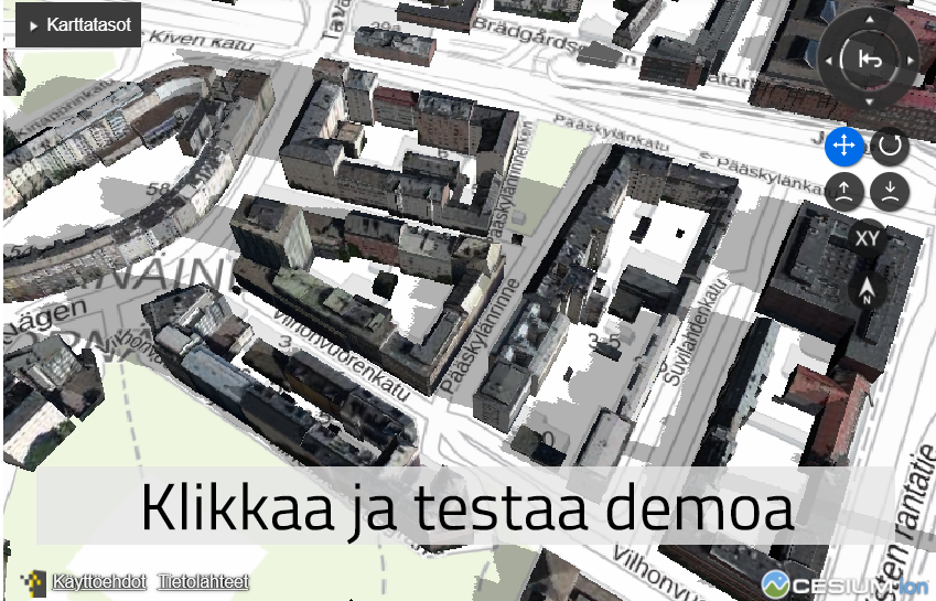 Kuva 3D-visualisoinnista, jossa on rakennuksia