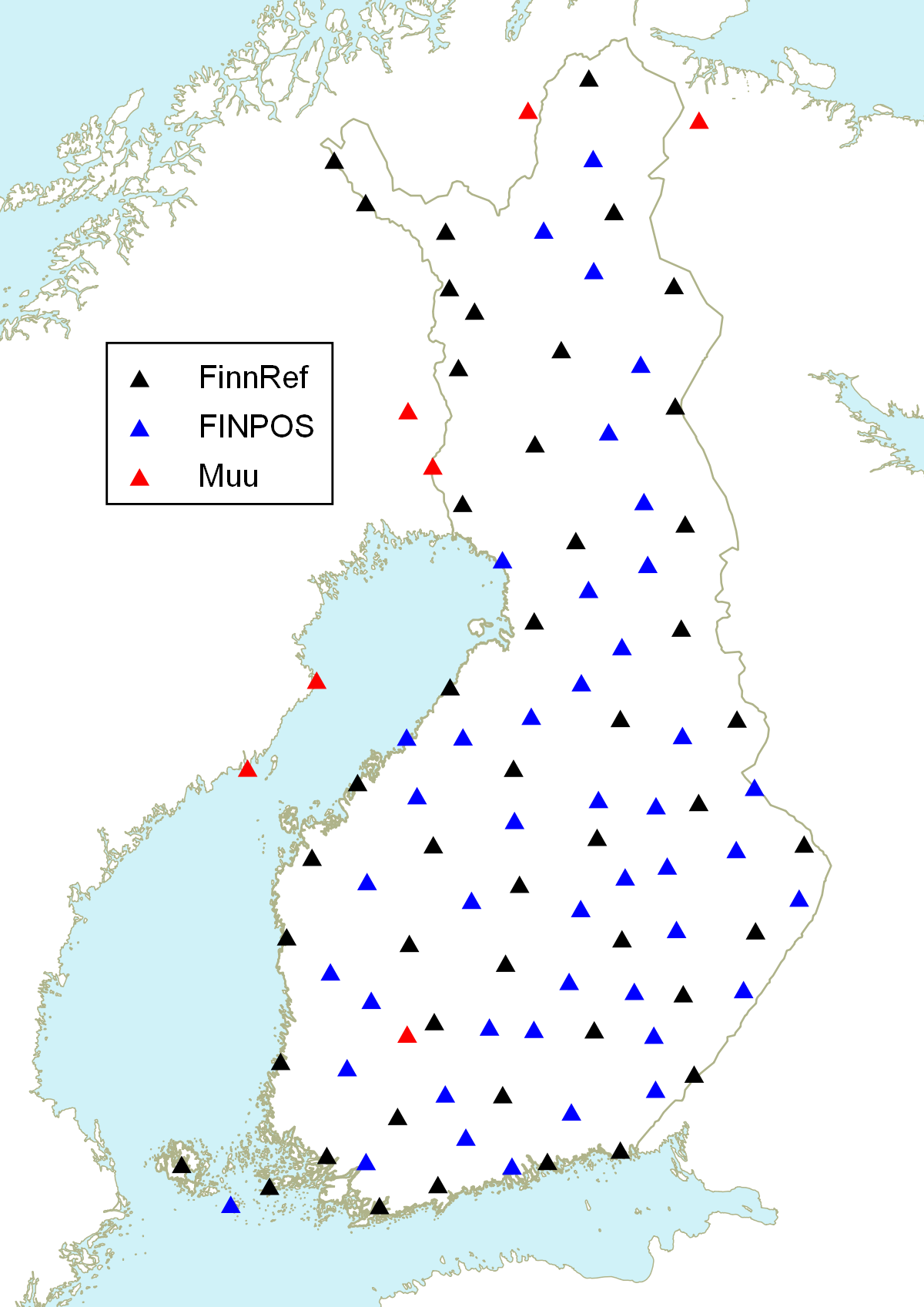 FINPOS-palvelun käyttämiä tukiasemia on tasaisesti ympäri Suomen.