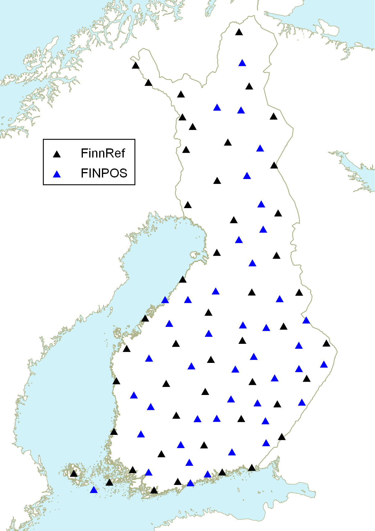 FinnRef- ja FINPOS-tukiasemat ympäri Suomea 