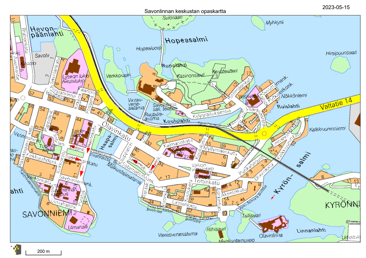 Esimerkki kuva tulostetusta karttanäkymästä Savonlinnan keskustan alueelta.