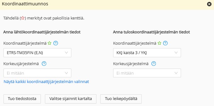 Uudistuneessa koordinaattimuunnospalvelussa osan valinnoista voi piilottaa ja koordinaatit voi nyt tuoda leikepöydältä palveluun.