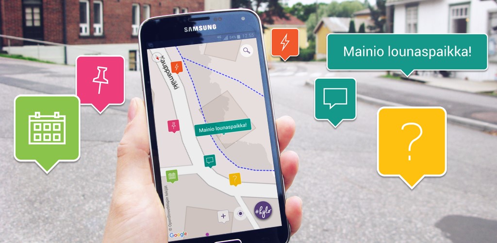 På mobilens skärm syns olika platsbundna tjänster och annan geografisk information
