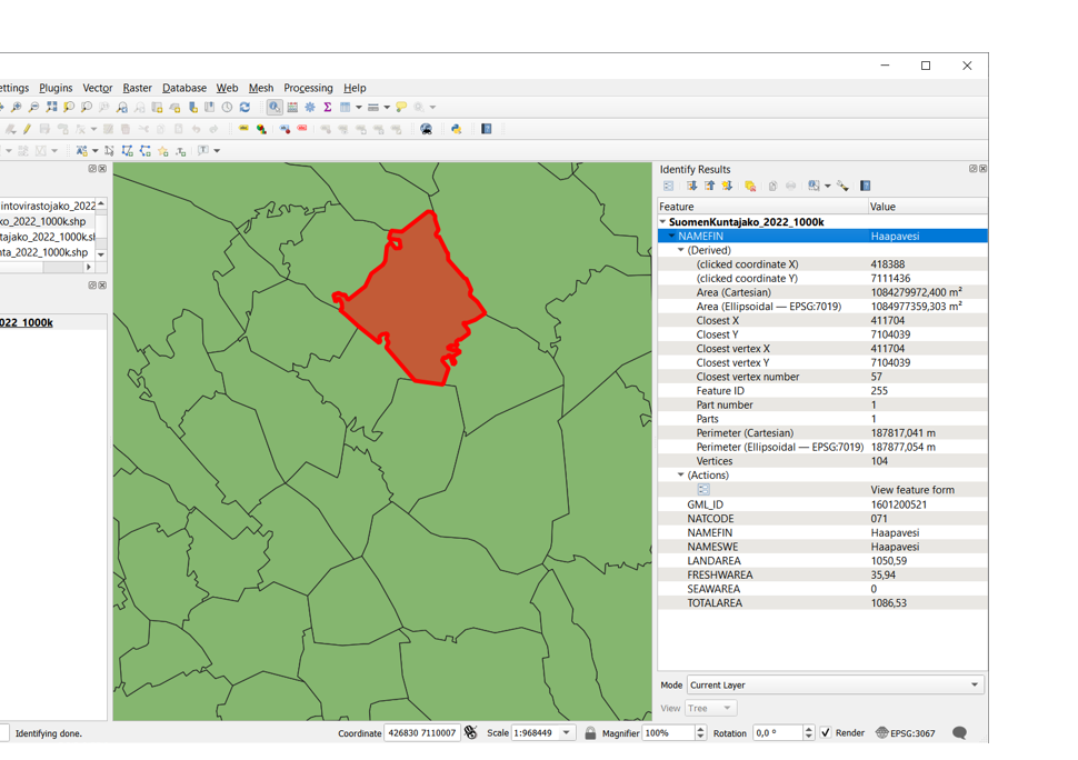 Kuvassa esimerkki kuntajakoaineistosta 1:1 000 000 Shape-formaatissa