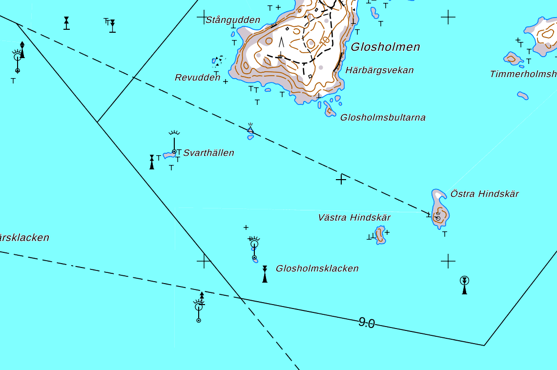 Merenkulun turvalaitteita maastokartalla.